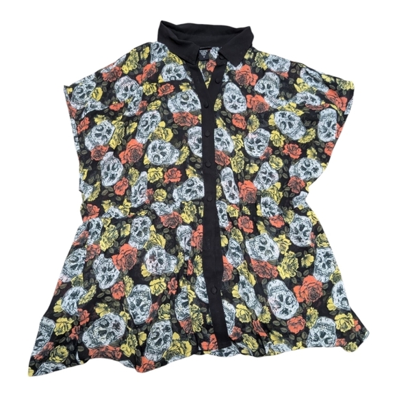 TORRID (0X) Sheer Collar Button Down Skull Roses Shirt Black Goth Whimsigoth - Picture 1 of 6